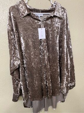 Jessica Simpson Crushed Velvet Blouse - Taupe Silver Sheen